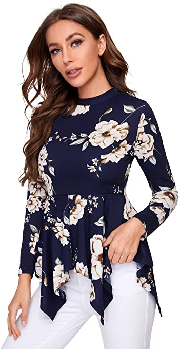 DIDK Women's Peplum Blouse Floral Print Asymmetrical Hem Fitted Tops