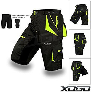 XOGO Cycling MTB Shorts, Coolmax Padded, detachable Inner Lining, Free Style Adult Size -Black/Fluorescent