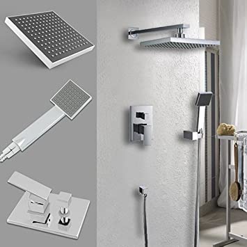 Amzdeal® Single Handle Wall Mount Shower Faucet with 8 Inch Showerhead and Side Bar Handheld Shower Head In-Wall LED Rainfall in wall Showerhead wall mount Shower Faucet with Handshower Unique Designer Vanity Cooper Plumbing Fixtures