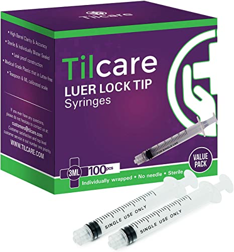 3ml Syringe Without Needle Luer Lock 100 Pack by Tilcare - Sterile Plastic Medicine Droppers for Children, Pets or Adults – Latex-Free Oral Medication Dispenser - Syringes for Glue and Epoxy