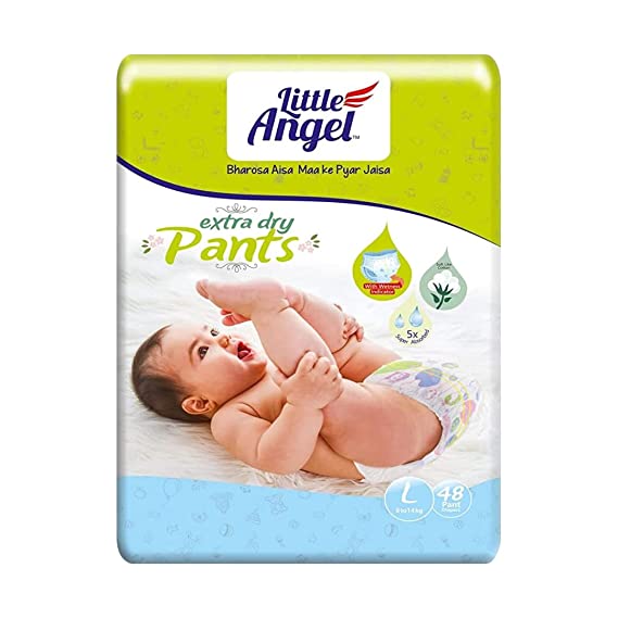 Little Angel Extra Dry Baby Pants Diaper, Large (L) Size, 48 Count, Super Absorbent Core Up to 12 Hrs. Protection, Soft Elastic Waist Grip & Wetness Indicator, Pack of 1, 8-14kg