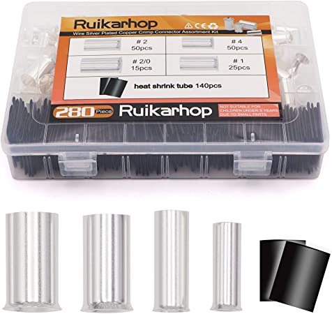 Ruikarhop 140PCS AWG 4 2 1 2/0 6Types Wire Silver Plated Copper Crimp Connector with Heat Shrink Tube
