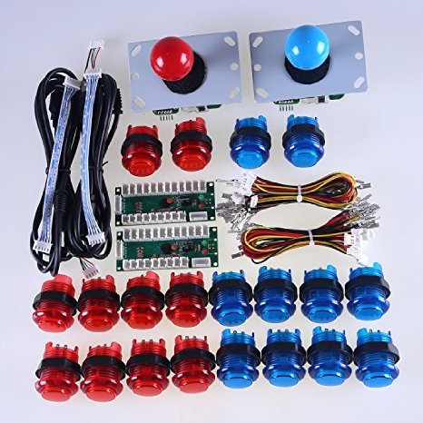 Easyget LED Arcade DIY Parts 2x Zero Delay USB Encoder   2x 8 Way Joystick   20x LED Illuminated Push Buttons for Mame Jamma Arcade Project Red   Blue Kits