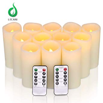 LECANI 12 Packs (H 5'' x D 2.2'') 3D Flickering Flameless Candles with 2 Remotes Timer Battery Operated Candles Flameless Votive Realistic Wax Rechargeable Large Pillar Candles (White/Ivory)