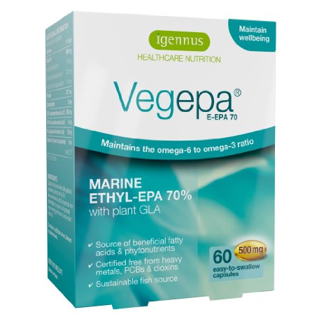 Igennus Vegepa E-EPA 70 - high-EPA omega-3 fish oil and omega-6 GLA from organic virgin evening primrose oil - 500mg - 60 capsules