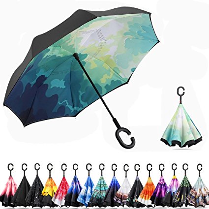 Ylovetoys Double Layer Inverted Umbrella with C-Shaped Handle, Windproof Upside Down Big Straight Reverse Umbrella with UV Protection for Car Rain Outdoor