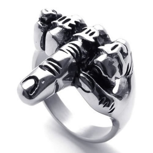 KONOV Men's Biker Middle Finger Up Stainless Steel Ring, Silver Black