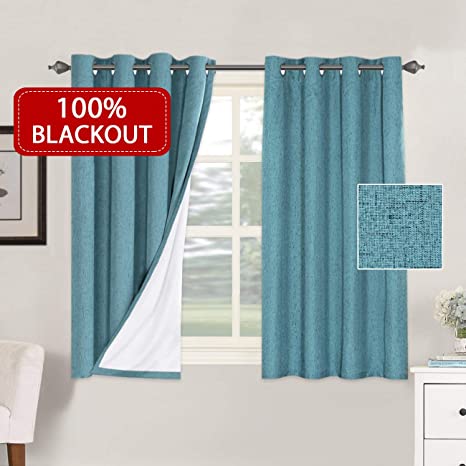 H.VERSAILTEX Waterproof Textured Linen Curtains for Living Room Thermal Insulated 100% Blackout Durable Curtain Panel with Grommet for Bedroom (2 Pieces, 52 x 54, Teal with White Liner)