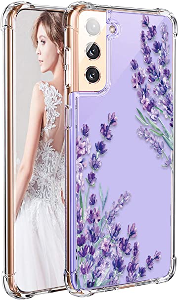 LUOLNH Galaxy S21 Case,Samsung Galaxy S21 Case with Flower,Slim Shockproof Clear Floral Pattern Soft Flexible TPU Back Phone Cover for Samsung Galaxy S21 5G 6.2 Inch(Lavender)