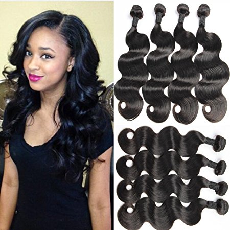 Guangxun Hair Brazilian Body Wave 4 Bundles 16 18 20 22inches Full Head,7A 100% Unprocessed Virgin Remy Human Hair Weave Extensions Natural Black Color