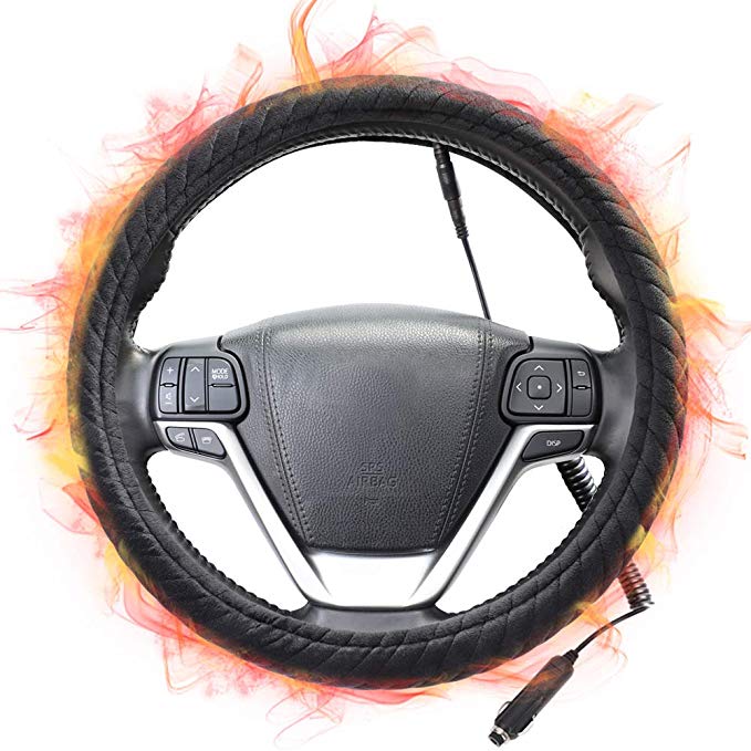 SEG Direct Heated Steering Wheel Cover Large-Size for F150 F250 F350 Ram 4Runner Tacoma Tundra Range Rover with 15.5"- 16" Outer Diameter, 12V Voltage Quick Heating Black Velour with Coiled Cord