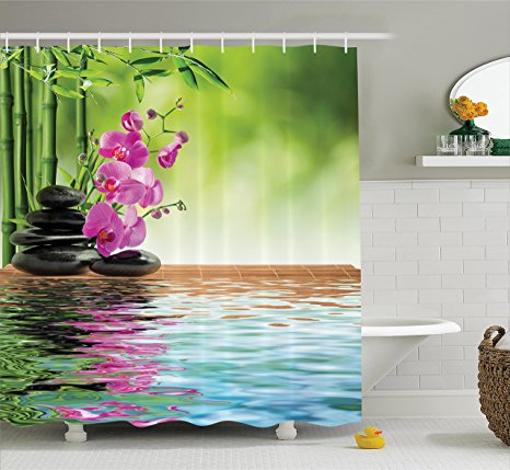 Spa Decor Shower Curtain Set By Ambesonne, Orchid Flower Stone Oriental Culture Spirituality Wellness Tropical Holiday, Bathroom Accessories, 69W X 70L Inches