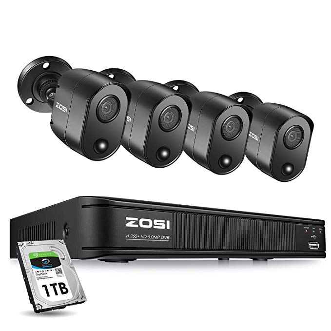 ZOSI 5MP 4 Channel Security Camera System Outdoor Indoor, H.265  Surveillance DVR with Hard Drive 1TB and 4 x 5MP Bullet Camera CCTV with PIR Motion Sensor,Remote Access