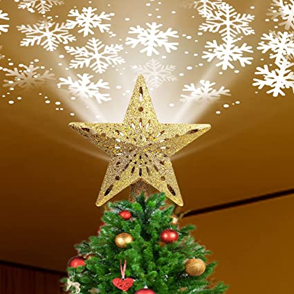 Christmas Star Tree Topper, Plug in 3D Glitter Hollow Star Tree Topper with Built-in LED Snowflake Projector Lights, Magic Tree Topper Ornament for Indoor Office Xmas New Year Holiday Tree Decoration
