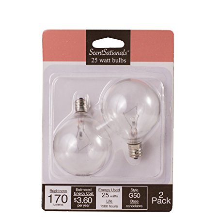 25w Wax Warmer Bulbs, 25 Watt Light Bulb Candelabra E12 Base Clear - Replacement for any Full Size Wax Warmer. Certified Scentsational Style G50 120Volt (25 Watt)