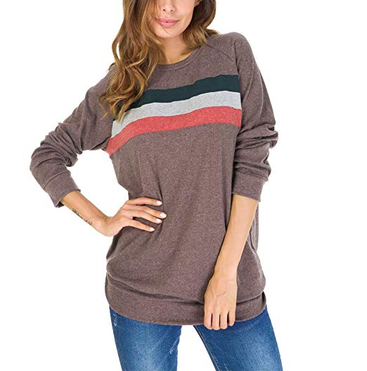 Helisopus Women Striped Pullovers Sweatshirt Cotton Long Sleeve Crew Neck Tops Blouses