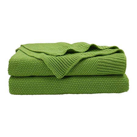 PICCOCASA 100% Cotton Knit Throw Blanket,Moss Stitch Solid Decorative Sofa Throws,Soft Grass Green Knitted Throw Blanket for Sofa Couch,50" x 60"