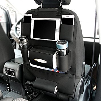 Car Backrests Protect, Water-Repellent Leather Car Seat Back Organizer with Protective iPad, Phone, Cup, Umbrella, Tissue / Seat Cover with 6 Pockets, Backrest Pocket for Children.(black)