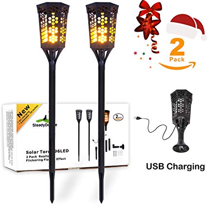 LED Tiki Torches Flickering Flame Solar Torch Landscaping Light Kit (2 Pack) Upgraded with USB Charging & L Mounts Dusk-to-Dawn Dancing Flames solar tiki torches outdoor Lighting Garden Patio Path
