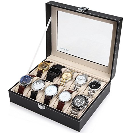 Readaeer Glass Top 10 Watch Black Leather Box Case Display Organizer Storage Tray for Men & Women