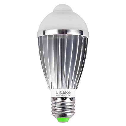 Litake 7w LED Bulb PIR Motion Sensor Bulb E27 LED Lights 6000-6500K Auto Switch Lamp For Indoor Outdoor Hallway Illumination-Pure White