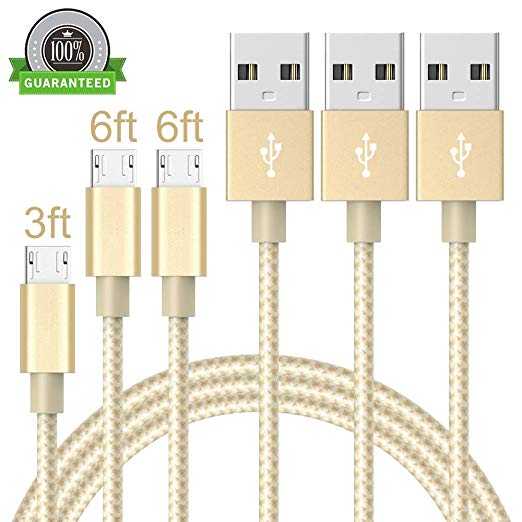 Vanzon Micro USB Cable,3Pack 3FT 2X6FT Long Premium Nylon Braided Android Charger USB to Micro USB Charging Cable Samsung Charger Cord for Samsung Galaxy S7 Edge/S7/S6/S4/S3,Note 5/4/3-GoldWhite