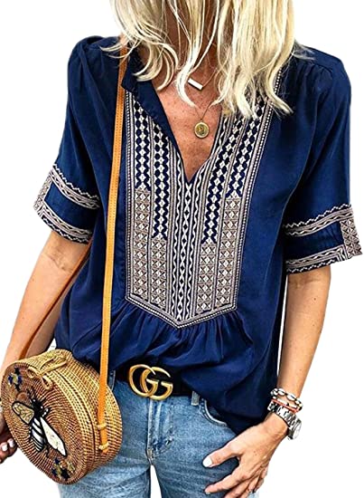 FARYSAYS Women's Summer Boho Embroidered V Neck Short Sleeve Casual T-Shirt Tops Loose Blouse