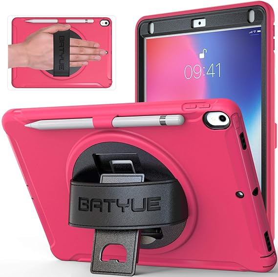 iPad Pro 10.5 Case/iPad Air 3 Case, BATYUE iPad Air 3rd Generation Case with Pencil Holder [Built-in Stand] [Shock Proof] 360° Swivel Leather Hand Strap Protective Case for iPad Air 10.5 Case Rose Red