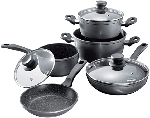 STONELINE 6588 Cookware set with glass lids (set of 8), 23.23 x 8.46 x 14.76", Anthracite