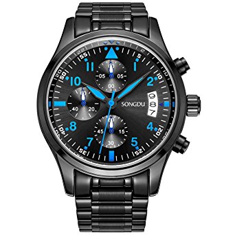 SONGDU Men Chronograph Multi Function Quartz Watch with Black Stainless Steel Bracelet,Black Dial and Blue Hand 9092A-P57EL