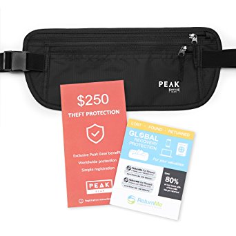 Thin Profile Money Belt w/ Theft Insurance and Lost & Found Service - RFID Block Liner Built-in - Rated for security, quality and ease of travel