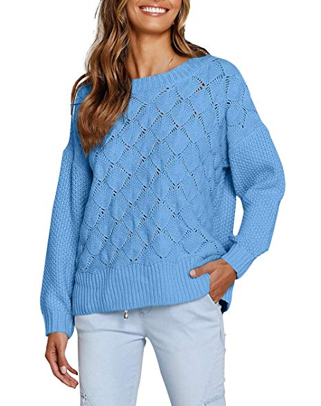 NERLEROLIAN Women's Crewneck Loose Pullover Crochet Knit Autumn Winter Casual Sweater Hollow Out