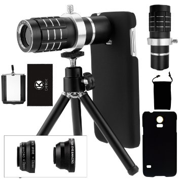 Samsung Galaxy S5 Camera Lens Kit including a 12x Telephoto Lens / Fisheye Lens / 2 in 1 Macro Lens and Wide Angle Lens / Mini Tripod / Universal Phone Holder / Telephoto Lens Holder Ring / Hard Case for S5 / Velvet Phone Bag / CamKix® Microfiber Cleaning Cloth - Awesome Accessories and Attachments for Your Galaxy S5 Camera (Black)