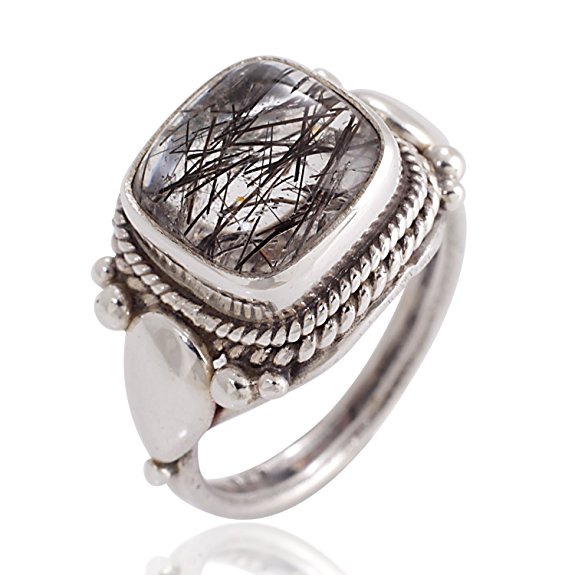 925 Sterling Silver Natural Black Rutile Quartz Gemstone Square Rope Edge Vintage Band Ring 6, 7, 8