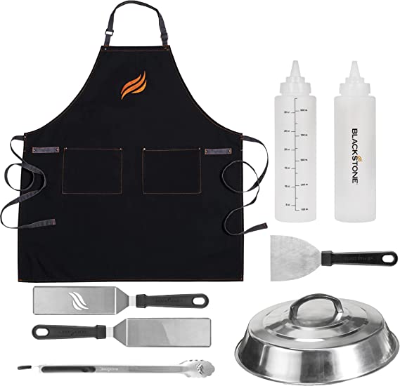 Blackstone Griddle Accessories Set- Heat Resistant Plastic Handles 8 Pcs Stainless Steel Outdoor Indoor Grilling Utensils Hibachi Tools Kit -Apron, 2 Spatula, 1 Scraper, 1 Tong, 1 Dome, 2 Bottles 32oz