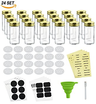 Nellam French Round Glass Spice Jars – Set of 24 with Shaker Lids and Chalkboard Sticker Labels, Small 4oz Bottles - Stackable Herbs and Spices Containers - Decorative Organizers in Gold