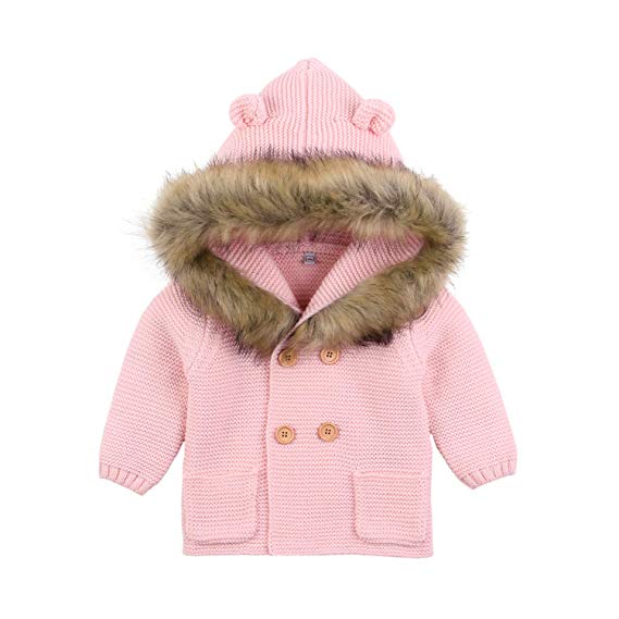 Baby Sweater Long Sleeve Hooded Bear 3D Ear Baby Cardigan with Feather Girl’s Jacket Toddler Sweatshirt