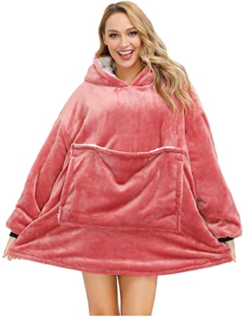 Wearable Blanket Oversized Blanket Hoodie Wearable Sweatshirt Sherpa Comfy Blanket with Deep Pockets,Super Soft Warm Suitable for Adults Teens Women Men(Pink)