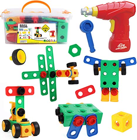 Build N Imagine Building Blocks Learning Construction Playset with Play Drill- 87 Piece Creative STEM Engineering Set for Toddlers and Kids