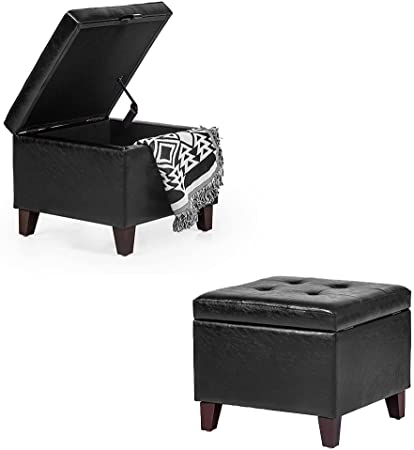 Adeco Square Faux Leather Storage Ottoman with Tufted Flip Top, 18x18x15