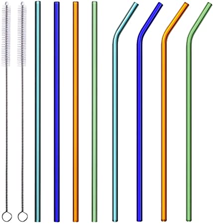 ALINK Skinny Glass Straws, 10.5" x 7 mm Long Reusable Colored Drinking Straws for 30 oz RTIC/YETI Tumblers, Mason Jars, Pack of 8 with 2 Cleaning Brush