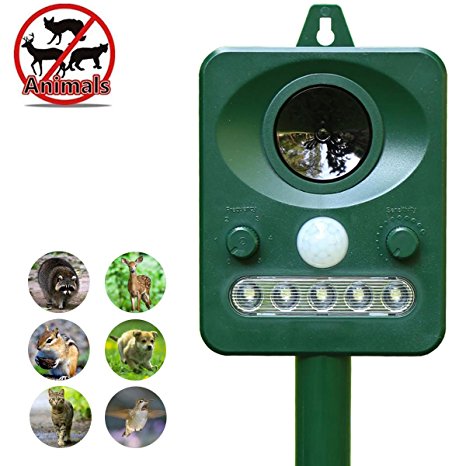 ZOVENCHI Solar Powered Ultrasonic Animal and Pests Repeller, Outdoor Weatherproof Repeller, Motion Activated with Flashing LED Light and Ultrasonic Sound (Harmless)to Repel Animal Away