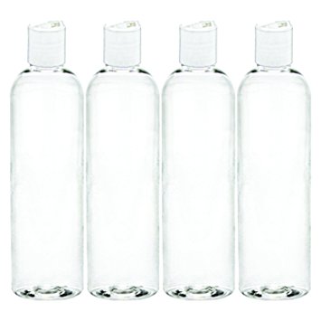 MoYo Natural Labs 4 oz Travel Bottles, Empty Travel Containers with Disc Caps, BPA Free PET Plastic Squeezable Toiletry/Cosmetic Bottle (Neck 20-410) (Pack of 4, Clear)