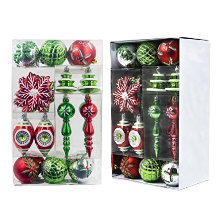 Valery Madelyn 50ct Classic Collection Splendor Shatterproof Christmas Ball Ornaments Decoration Red Green Silver and White,50 Metal Hooks Included, Themed with Tree Skirt(Not Included)