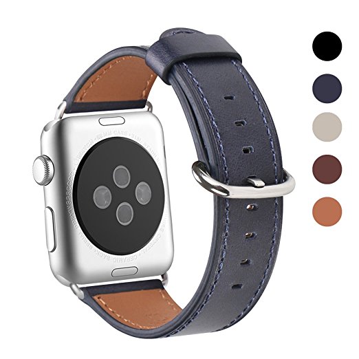 Apple Watch Band 38mm, WFEAGL Retro Top Grain Genuine Leather Band Replacement Strap with Stainless Steel Clasp for iWatch Series 3,Series 2,Series 1,Sport, Edition (Dark Blue Band Silver Buckle)