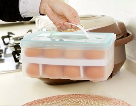 DELIFUR (TM) 2 Tiers Plastic Eggs Container with Handle,refriderator Fridge Freezer Storage,eggs Holder (Blue)