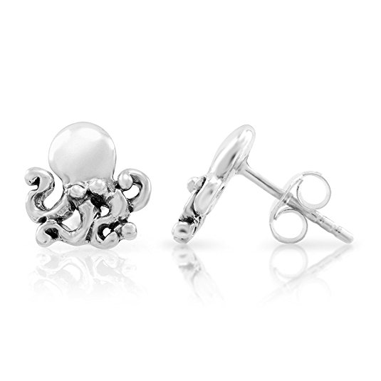 925 Sterling Silver Tiny Little Octopus 10 mm Post Stud Earrings