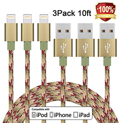 Sundix iPhone Charger Cable 3Pack 10FT Nylon Braided Lightning Charging Cord Compatible with iPhone 7/7 Plus/6/6 Plus/6S/6s Plus/SE/5S/5/5, iPad, iPod and More (Camo)