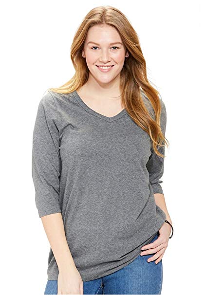 Woman Within Women's Plus Size Perfect V-Neck Three-Quarter Sleeve Tee