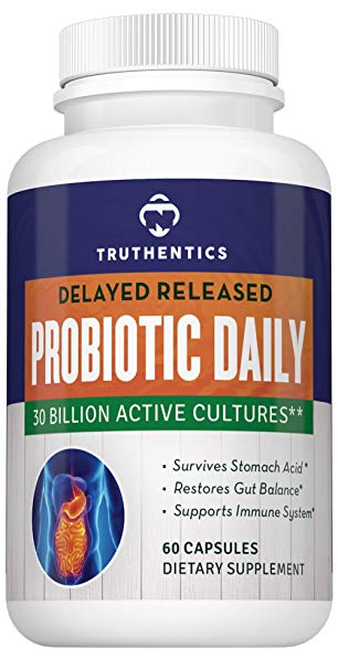 Truthentics Probiotics Once Daily |15 Strains 30 Billion CFU | Prebiotic Fiber | Delayed Release Stomach Acid Resistant | No Refrigeration | Supports Weight Loss Immune Digestive Health | Women Men
